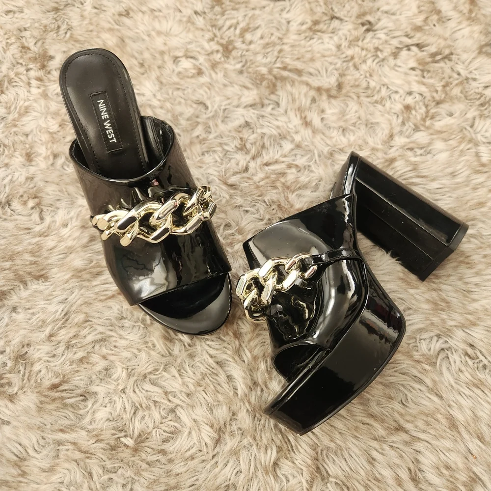 Nine West Relee Slip-on Rounded Open Toe Chain Detail Platform Sandals Black 6.5